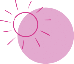 Rosa Sonne Illustration mit Strahlen neben einem großen rosa Kreis auf einem hellen Hintergrund.